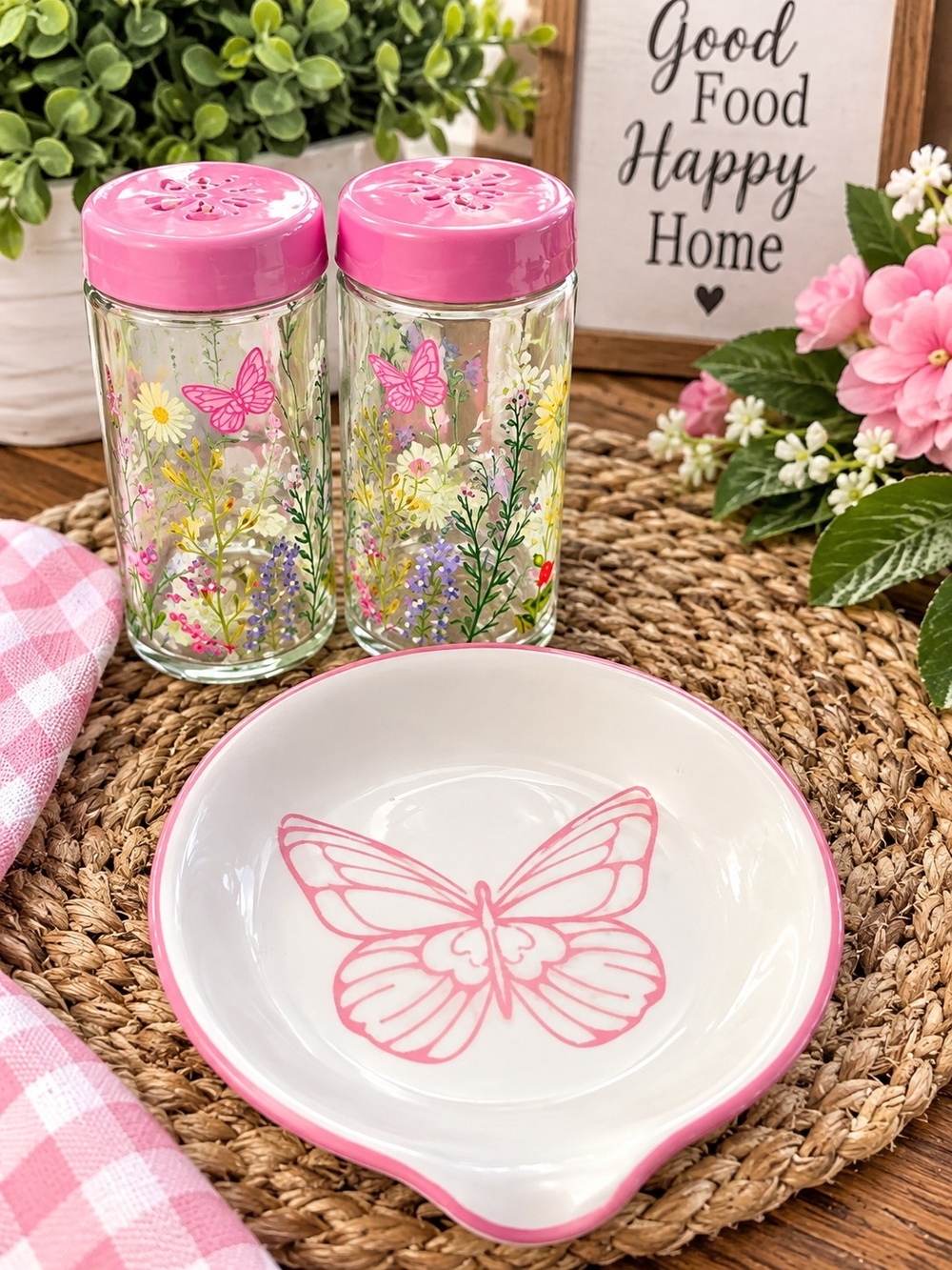 Dolly Parton Pink Butterfly Ceramic Spoon Rest and Glass Shaker Set